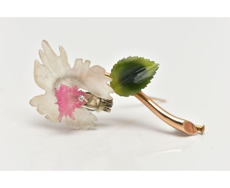 A 'JULIUS HUGLER' FLORAL BROOCH, a 14ct yellow gold stem, leading onto a carved frosted rock crystal and pink quartz flower, 
