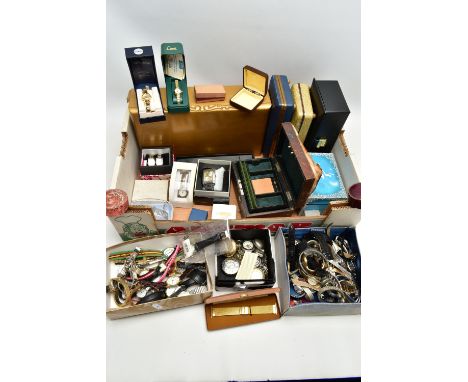 A LARGE QUANTITY OF FASHION WRISTWATCHES, POCKET WATCHES AND EMPTY JEWELLERY BOXES, large quantity of used fashion wristwatch