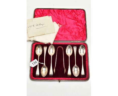 A VICTORIAN CASED SET OF SILVER TEASPOONS, six old English pattern teaspoons with monogram engraving, and a pair of silver su