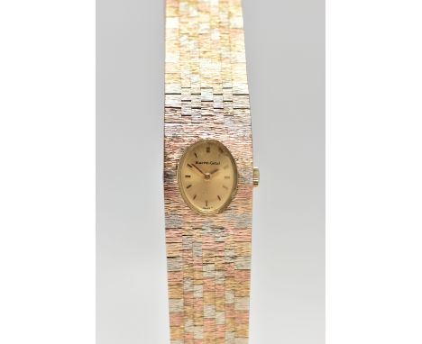 A LADIES 9CT TRI-COLOUR GOLD 'BUECHE-GIROD' WRISTWATCH, manual wind, oval gold dial signed 'Bueche-Girod', baton markers and 