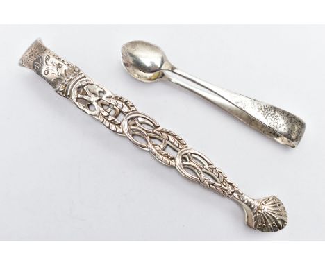 TWO PAIRS OF SUGAR TONGS, the first a small pair of plain polished tongs hallmarked 'Joesph Gloster' Birmingham 1895, length 