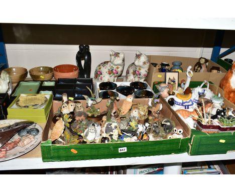 THREE BOXES AND LOOSE CERAMICS, ORNAMENTS AND SUNDRY ITEMS, to include five boxed oriental sets of cups, bowls, plates, etc, 