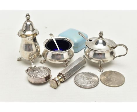 A THREE PIECE SILVER CONDIMENT SET AND TWO SILVER SCENT BOTTLES, the condiments to include a cauldron shape salt with blue gl