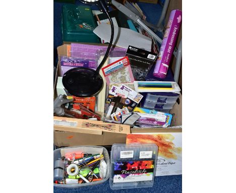 TWO BOXES OF ART AND CRAFTS MATERIALS, to include a boxed A4-F USB light board, packs of card design kits, tools, an adjustab