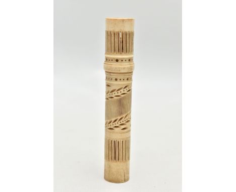 A BONE PICK UP STICKS GAME, bone pick up sticks, some with painted detail, together with a carved openwork bone case (conditi