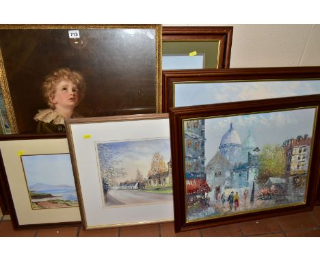 SIX PAINTINGS AND PRINTS, COMPRISING A BURNETT PARISIAN OIL ON BOARD, approximate size 40cm x 50cm, an unsigned Parisian stre