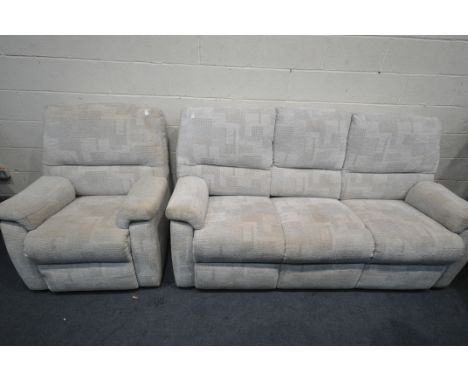 A G PLAN BEIGE UPHOLSTERED THREE PIECE LOUNGE SUITE, comprising a three seater sofa, length 200cm, an armchair, and pouffe (c