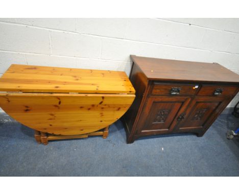 A PINE OVAL GATE LEG TABLE, open length 133cm x closed 45cm x depth 107cm x height 74cm, along with a stained oak dresser bas