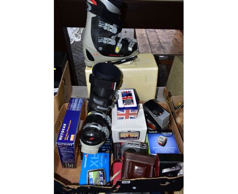 TWO BOXES OF ELECTRICAL AND TECHNICAL ITEMS, to include three mobile phones, a Blackberry 9300 and a boxed LG KE970, a boxed 