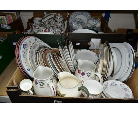 THREE BOXES OF ASSORTED TEA AND DINNER WARES ETC, to include 'Old Colonial' part dinner service, Royal Victoria 'Rose Bouquet
