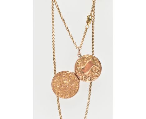 A 9CT GOLD LOCKET PENDANT AND CHAIN, the locket of a circular form, decorated with an ivy leaf and a scrolling foliate patter