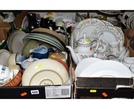 THREE BOXES OF CERAMICS AND TEAWARES, to include a Royal Grafton 'Canterbury' pattern part dinner set, a large red Denby oven