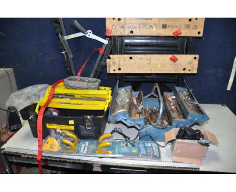 TWO TOOLBOXES AND LOOSE WITH TOOLS spanners, sockets, screwdrivers, a workmate, a steering wheel lock, a bike rack, etc