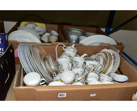 THREE BOXES OF ASSORTED TEA AND DINNER WARES, to include Aynsley 'Pembroke' teapot and six mugs, Royal Doulton 'Expressions',