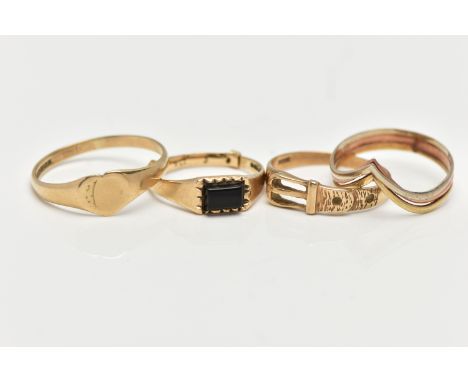THREE 9CT GOLD RINGS AND A TRI COLOUR RING, the first a yellow gold heart shaped signet, hallmarked 9ct Birmingham 1983, ring