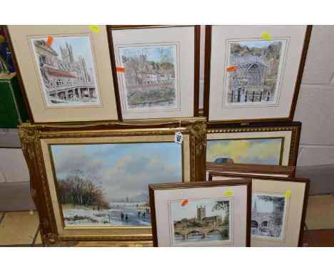 LATE 20TH CENTURY DECORATIVE PICTURES AND PRINTS, comprising Digby Page (British 1945) an 18th Century Dutch style winter lan