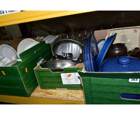 FIVE BOXES OF KITCHENWARE AND CERAMICS, to include John Webb salt glazed pottery cannisters, pots, cheese dish, dishes and as