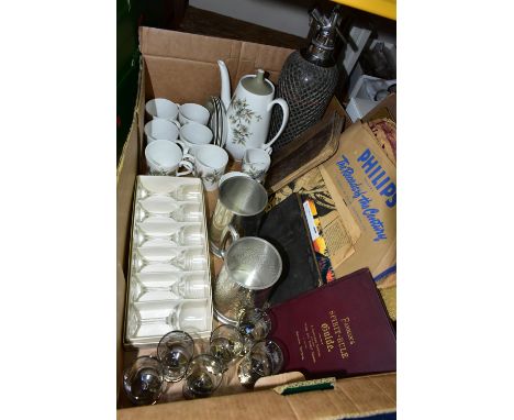 A BOX OF EPHEMERA, CERAMICS, GLASS AND METALWARES, to include a Sparklets soda syphon, a thirteen piece Royal Adderley 'Arcad
