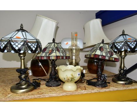 A GROUP OF TABLE LAMPS, to include eight late twentieth century/twenty first century lamps, two pairs of lamps with leaded gl