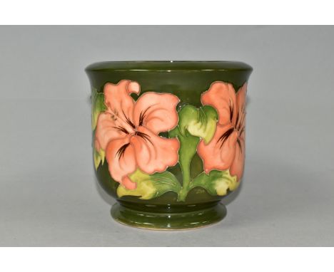 A MOORCROFT POTTERY PLANTER, in the Coral Hibiscus pattern on a green ground, height 12.5cm x internal diameter 10.5cm, impre