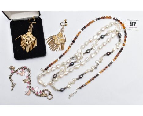 ASSORTED JEWELLERY ITEMS, to include a pair of large yellow metal gilt earrings, designed as a filigree floral drop with tass