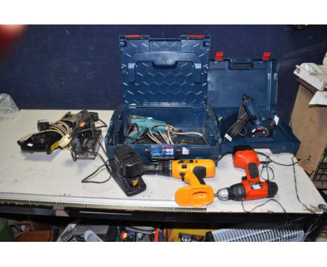 SEVEN POWER TOOLS INCLUDING AN AEG HAMMER DRILL 240v, Makita HG5012 Heat gun, a Bosch GSB20-2RE hammer drill, a JCB 12v cordl