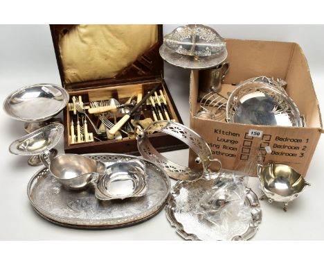 A BOX OF SILVER AND ASSORTED TABLEWARE, to include a pair of pierced napkin rings, hallmarked 'William Henry Sparrow' Birming