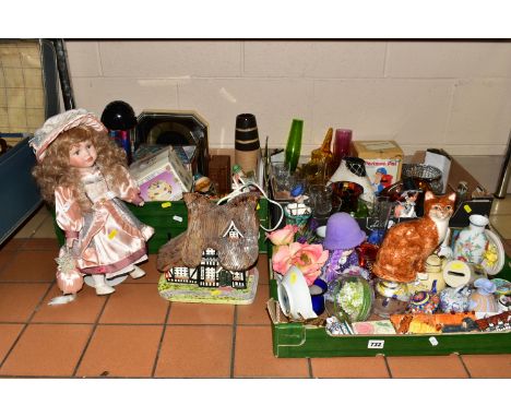 THREE BOXES OF ASSORTED ORNAMENTS, to include a Babbacombe Pottery 'Ginger Cat' figure, a Pottery Art thatched 'Badger Cottag