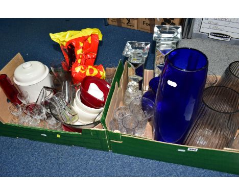 TWO BOXES OF ASSORTED COLOURED GLASSWARE, to include an art glass red controlled bubble dish, a red art glass vase, height 24