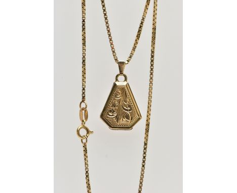 A 9CT GOLD LOCKET PENDANT AND CHAIN, the pendant of a coffin shape, decorated with a floral engraved pattern, stamped to the 