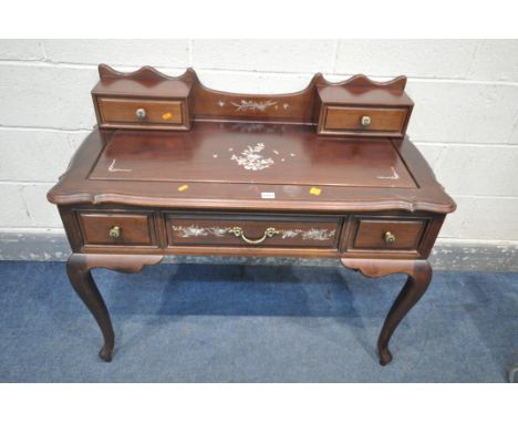 A 20TH CENTURY CHINESE DRESSING TABLE/DESK, the raised back with two drawers, above three sized drawers, on cabriole legs, mo