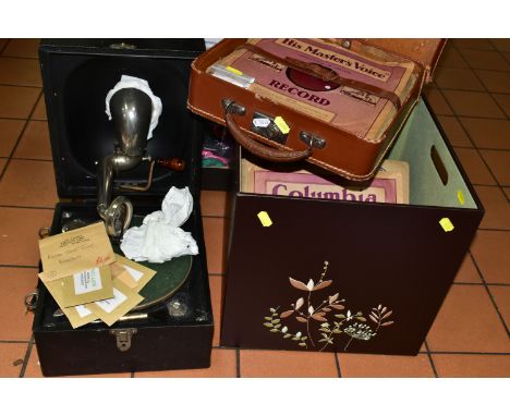 A GEORGE V PORTABLE GRAMOPHONE 'THE CRESCENDO JUNIOR SOUND BOX', marked Decca on needle cover, with packets of spare needles,