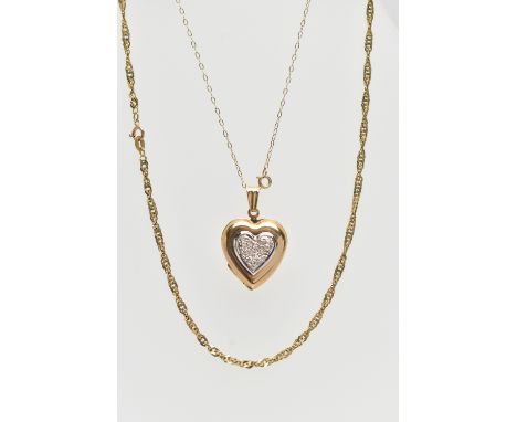 A 9CT GOLD DIAMOND SET LOCKET AND TWO CHAINS, the hinged locket of a heart form, set to the front with single cut diamond det