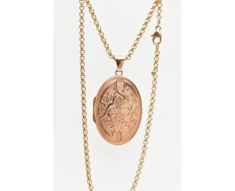 A 9CT GOLD LOCKET AND CHAIN, the hinged locket of an oval form decorated with a Celtic pattern to the front, opens to reveal 