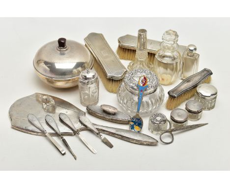 A BOX OF ASSORTED SILVER AND WHITE METAL, to include a brush and mirror set, hallmarked 'William Devenport' Birmingham 1931, 