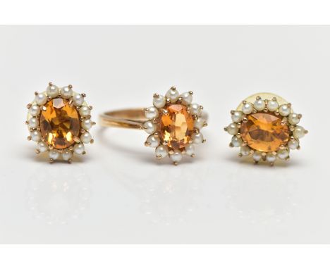 A 9CT YELLOW GOLD CITRINE AND PEARL CLUSTER RING AND A PAIR OF MATCHING YELLOW METAL EARRINGS, the cluster centering on a fou