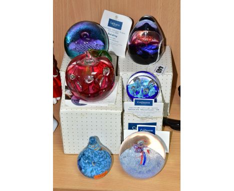 SIX CAITHNESS PAPERWEIGHTS, four with boxes: Windfall, Raindrop a Paperweight Collectors' Society exclusive 2002, a Paperweig