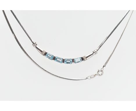 A 9CT WHITE GOLD TOPAZ PENDANT NECKLACE, designed with a curved bar pendant bar set with a row of four rectangular cut light 
