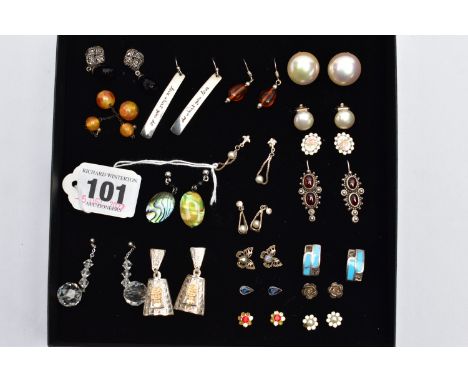 A TRAY OF ASSORTED EARRINGS, nineteen pairs of white metal earrings, to include imitation pearl, shell, copal amber, some sta