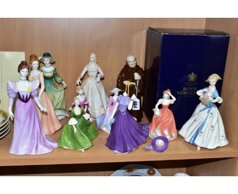 ELEVEN FIGURINES, comprising a boxed Royal Worcester Summers Day, Coalport: Holy Friar, Prudence (tiny scratches to front of 
