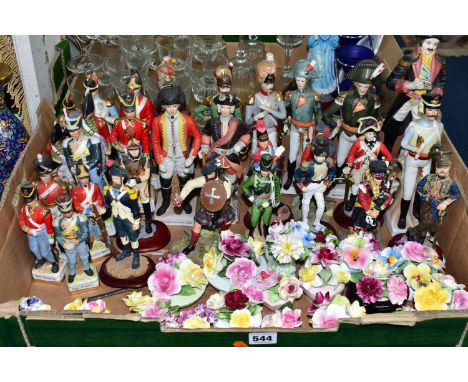 TWO BOXES OF NAPOLEONIC  MILITARY FIGURINES, to include thirty-two assorted porcelain and resin military figures, eighteen po