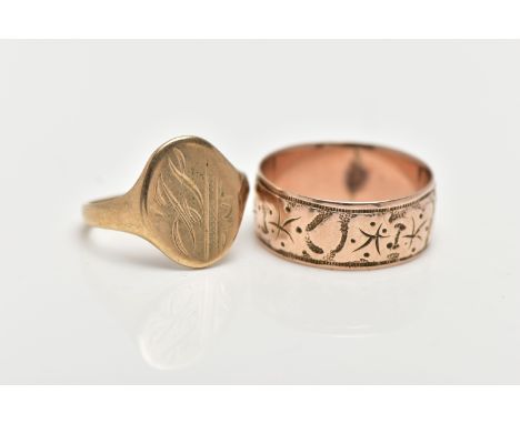 TWO 9CT GOLD RINGS, the first a wide band ring, engraved with a partly worn ivy leaf foliage design, approximate width 7.5mm,