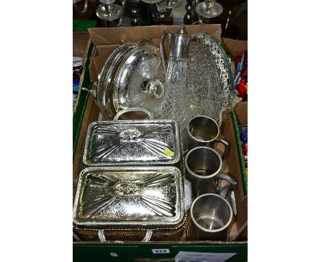 ONE BOX OF METALWARE, to include three stainless steel five flame candelabra, height 39cm, two glass circular serving dishes 