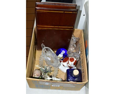 ONE BOX OF ASSORTED ORNAMENTS, to include a pair of Lenox Disney lead crystal Minnie and Mickey Mouse figures in Victorian dr