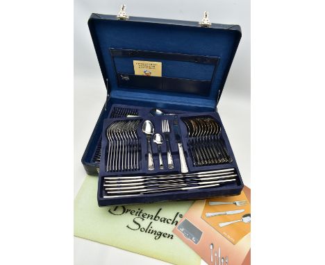 A BRIEFCASE 'BREITENBACH SOLINGEN' CANTEEN, twelve person table setting of stainless steel cutlery, in a blue briefcase with 