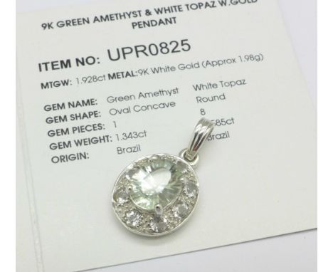 A 9k white gold, green amethyst and white topaz pendant, gross weight 2.5g, with certificate