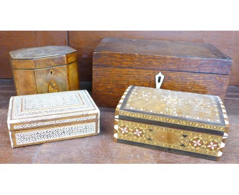A Georgian caddy, faded lid, a/f, a 19th Century oak box, and two other Anglo-Indian boxes (4)
