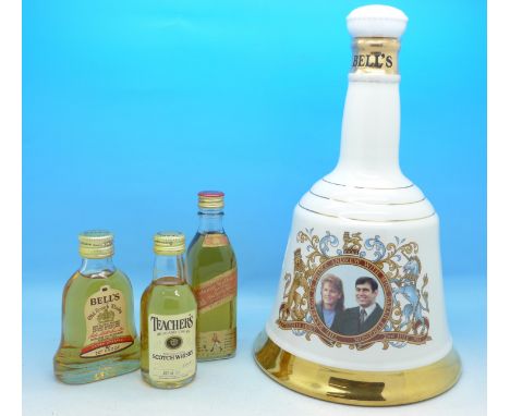 A Bell's Wade Scotch Whisky decanter, 1986 Royal Wedding, sealed with contents, and three whisky miniatures