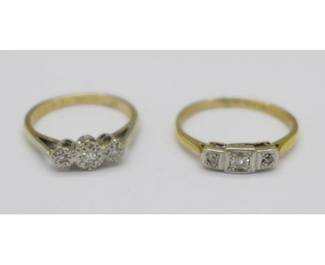 An Art Deco 18ct gold, platinum and diamond ring and a 1950's 18ct gold, platinum and three stone diamond ring, total weight 