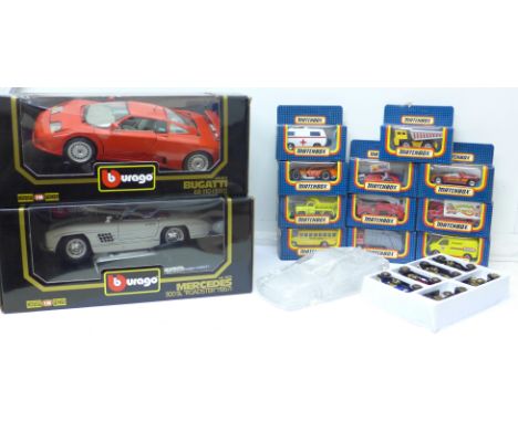 Two Burago die-cast sports cars, Mercedes 300SL Roadster 1957 and Bugatti 110 (1991), eleven Matchbox cars, a set of Vintage 